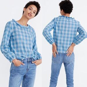 Madewell Ruffle Neck Top Colwell‎ Plaid Medium Blue & White